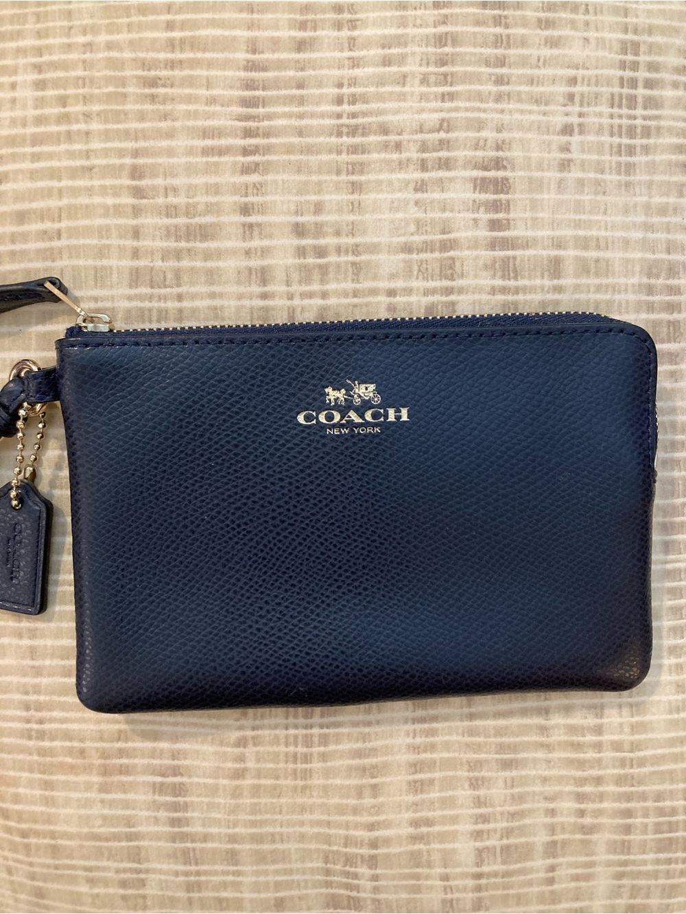 Coach Navy Pebbled Leather Zip Wallet with Gold Logo